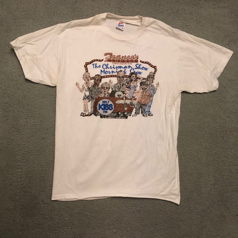 *Single Stitch Vtg Franco's Lounge The Chrisman Show 102.7 KISS FM Radio T White